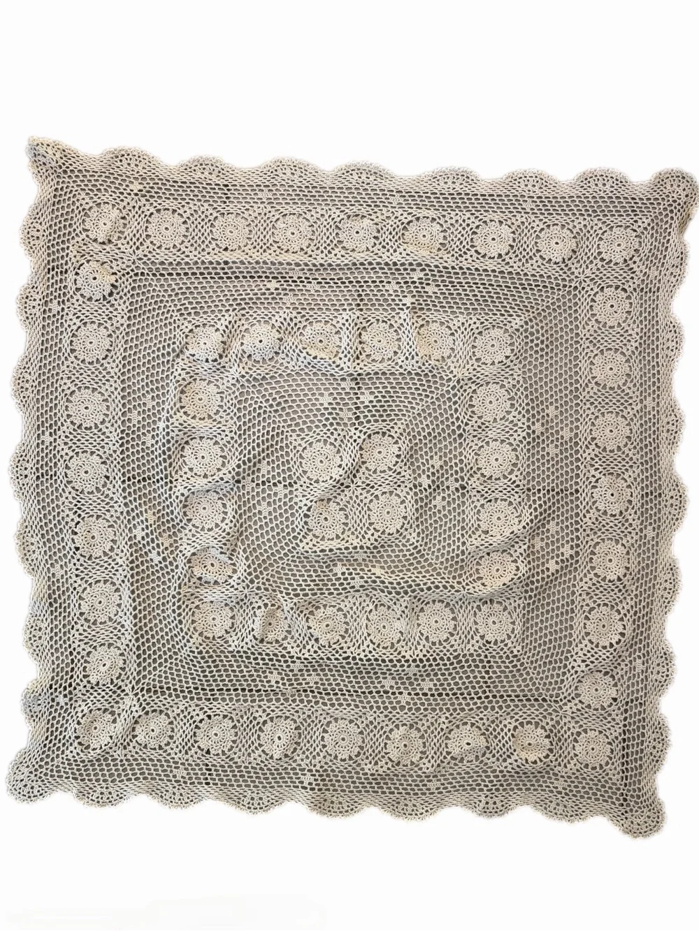 Vintage Hand Crocheted Floral Table Topper 38” Square Scalloped Edges
